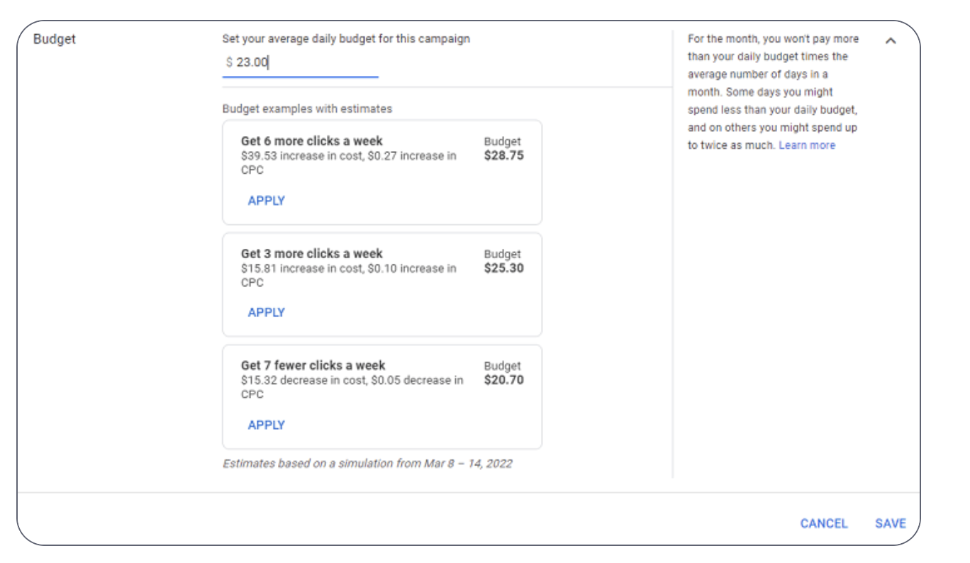 تنظیمات بودجه گوگل ادز